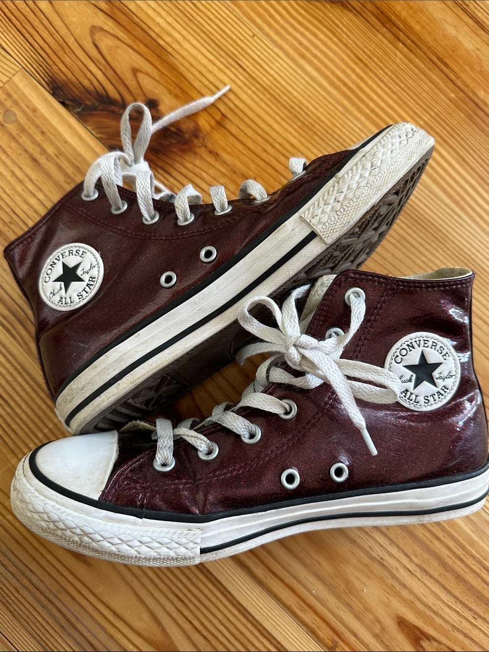 Ruby Red GLITTERY Converse High Top Sneakers Ruby Red and White